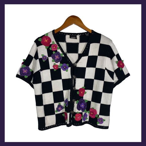 Vintage Christina Rotelli Checkered Floral Applique Sweater Cardigan 100% Cotton - Picture 1 of 12